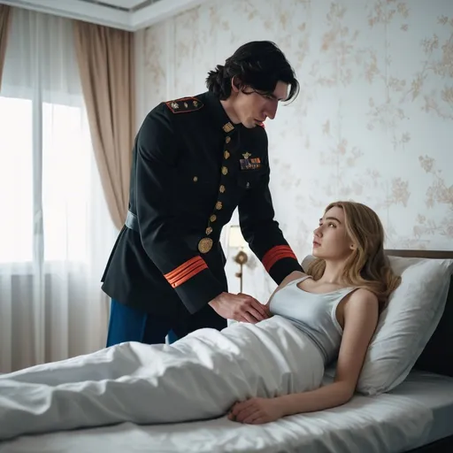 Prompt: Tall handsome young Russian Adam Driver lookalike wearing a dark military style uniform takes care of an injured young woman with long light brown hair, futuristic bedroom 