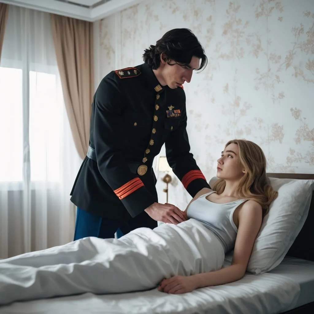 Prompt: Tall handsome young Russian Adam Driver lookalike wearing a dark military style uniform takes care of an injured young woman with long light brown hair, futuristic bedroom 