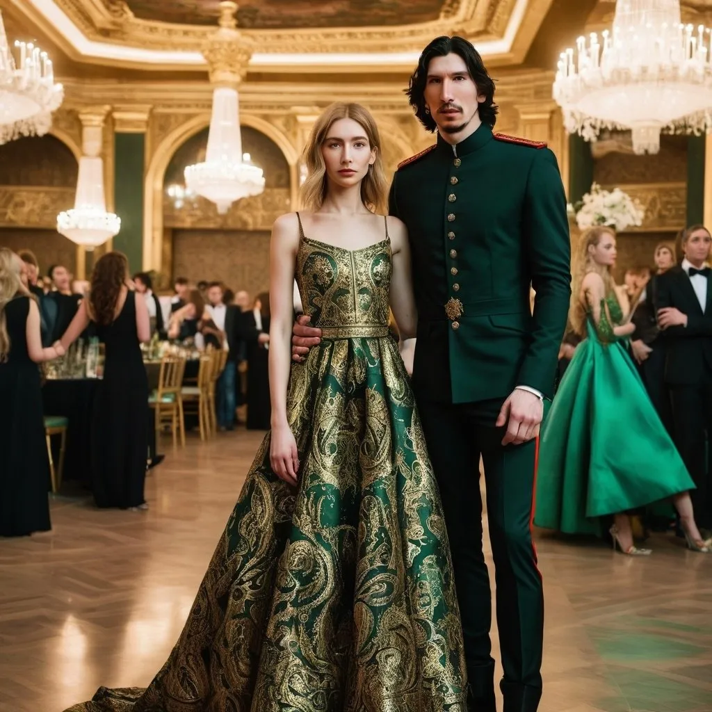 Prompt: Tall handsome Russian Adam Driver lookalike wears a black military uniform stands next to a beautiful extremely short young woman with long golden brown hair who wears an A-line green and gold paisley ball gown. Fancy futuristic Russian venue