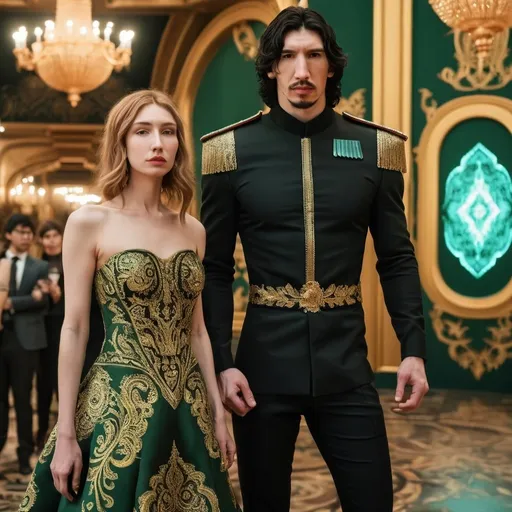 Prompt: Tall handsome Russian Adam Driver lookalike wears a black military uniform stands next to a beautiful extremely short young woman with long golden brown hair who wears an A-line green and gold paisley ball gown. Fancy futuristic Russian venue