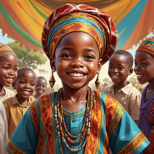 Prompt: Young African kid, digital illustration, vibrant colors, joyful expression, detailed features, high quality, digital art, cartoon style, cultural celebration, detailed eyes, professional, intricate patterns, joyful atmosphere, vibrant colors, western clothing, exquisite detailing, celebratory mood, highres, ultra-detailed, digital art, vibrant colors, joyful expression, traditional attire, detailed features, cultural celebration