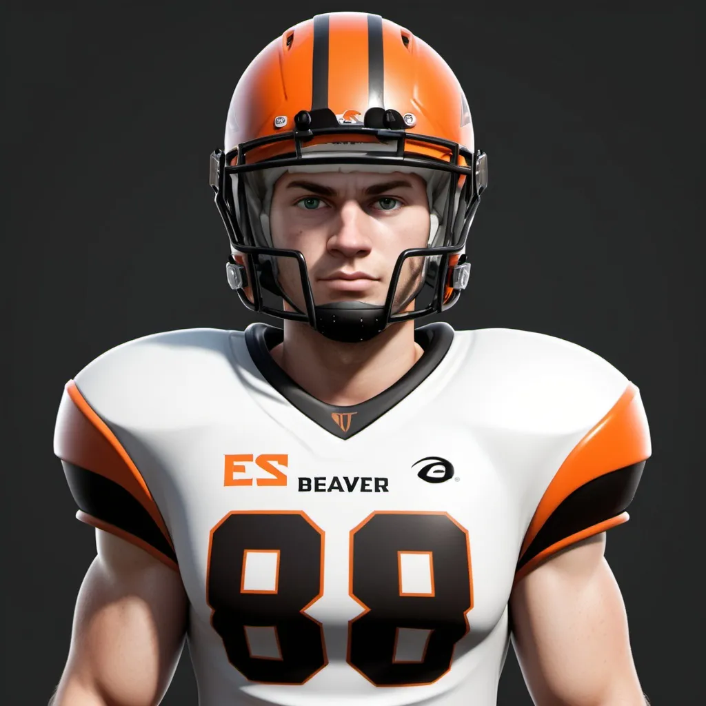 Prompt: Create an EA sports NCAA football character that is white with brown hair, no facial hair, approximately 6’6”, with a thick but not muscular build. The character should have a severe underbite. The character is wearing an Oregon state beavers jersey with the number 68. 