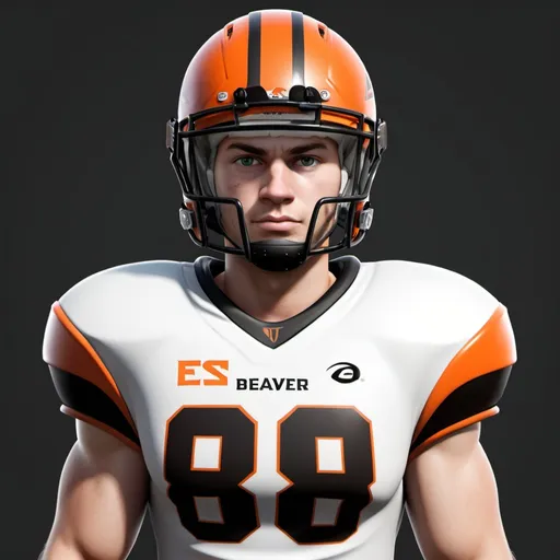 Prompt: Create an EA sports NCAA football character that is white with brown hair, no facial hair, approximately 6’6”, with a thick but not muscular build. The character should have a severe underbite. The character is wearing an Oregon state beavers jersey with the number 68. 