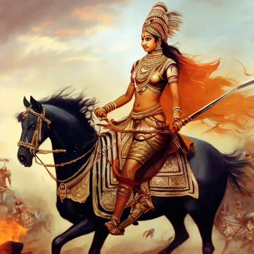 Prompt: indian woman queen on horse in battle
\