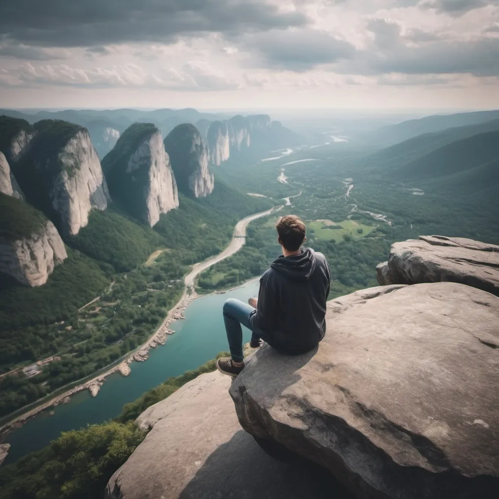 Prompt: Create a picture of a person sitting on a rock to see an amazing view from a crazy height