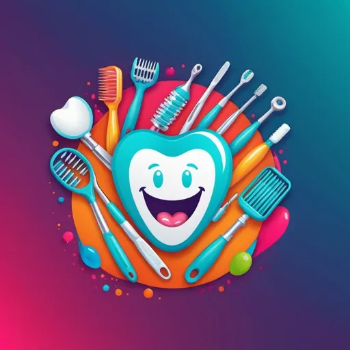 Prompt: Happy smiles logo, dental tools, vibrant colors, modern illustration, detailed teeth, high quality, professional design, dental, vibrant, modern, detailed, highres, colorful, vibrant tones, professional lighting