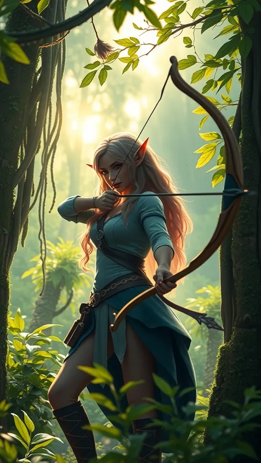 Prompt: Elf ranger (detailed character with pointed ears, elegant attire, wielding a bow), mystical forest (lush greenery, ethereal sunlight filtering through leaves, enchanted atmosphere), vibrant colors, cozy ambiance, HD quality, fantasy theme, intricate details of flora, gentle rays of light creating magical shadows, serene and enchanting mood.