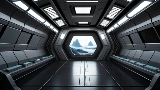 Prompt: Photorealistic image, back of a spaceship bridge, featuring a large rectangular window occupying an fifth of the composition, cool color scheme with icy blues and grays, dramatic lighting accentuating the sleek architecture, hint of mystery suggesting a door on the right just out of view, high-resolution, ultra-detailed, atmospheric and immersive design, perfect for a sci-fi concept.  