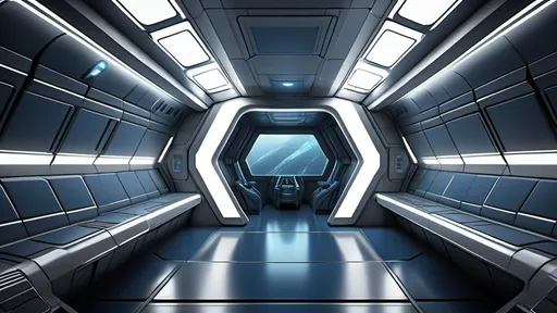 Prompt: Photorealistic image of the back of a spaceship bridge, with a sleek and modern design, featuring a large rectangular window occupying one-eighth of the composition. The cool color scheme includes shades of blue and silver, creating a futuristic atmosphere. The lighting is soft but dramatic, suggesting depth. Off to the right, imply the presence of a door without revealing it, further enhancing the intrigue and allowing for viewer imagination. Ultra-detailed, HD quality.