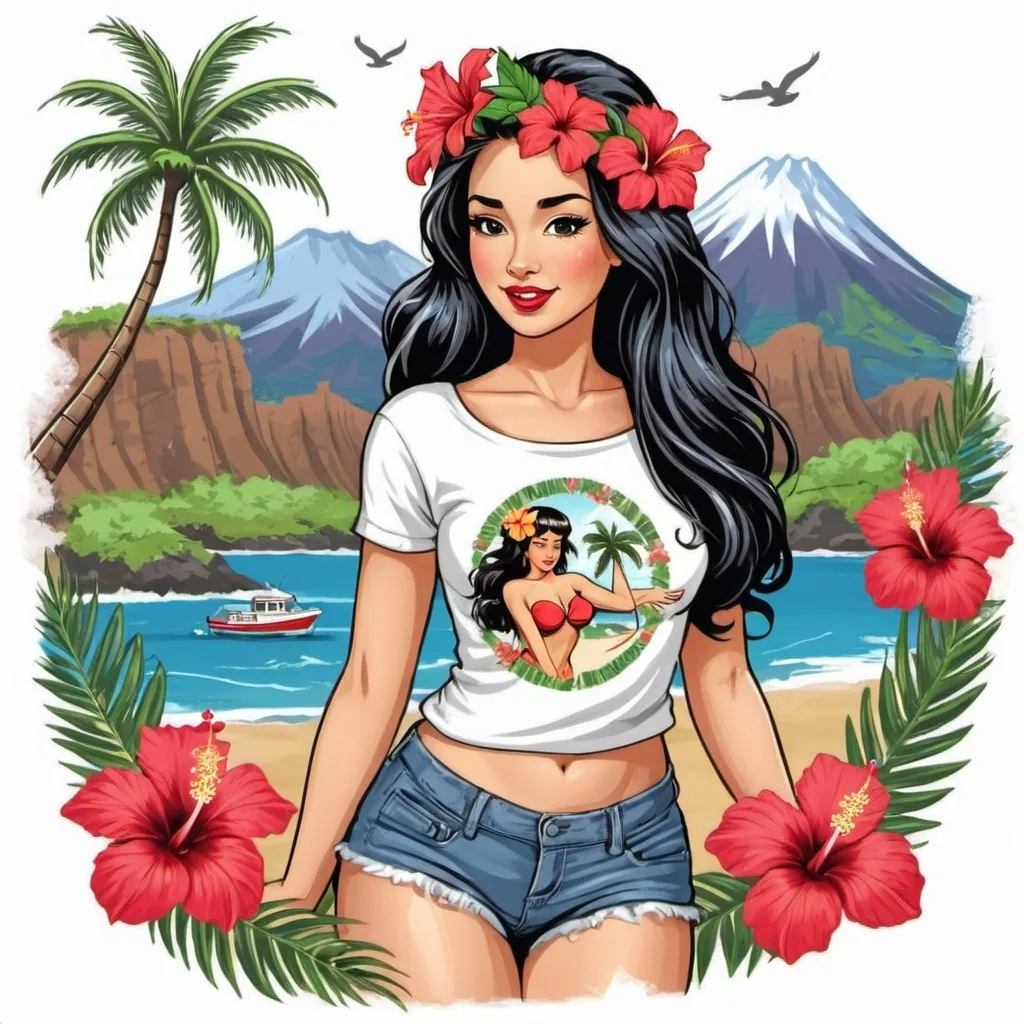 Prompt: Illustrated T-shirt design with palm trees, vector, Tshirt design illustration, Pin up hula girl , pinup hula girl , beach , palm trees , Hawaiian island background , long eyelashes, hibiscus on hair , mountains , beach, island girl , tropical background 
, hula dancing , mountains , island girl , birds  ,  , hula skirt  long hair , aloha girl , luau girl, volcano, ship , black hair , long hair, bathing suit , skirt , Hawaii girl , Hawaii tshirt , white hibiscus flower on hair , red hibiscus flower on hair ,