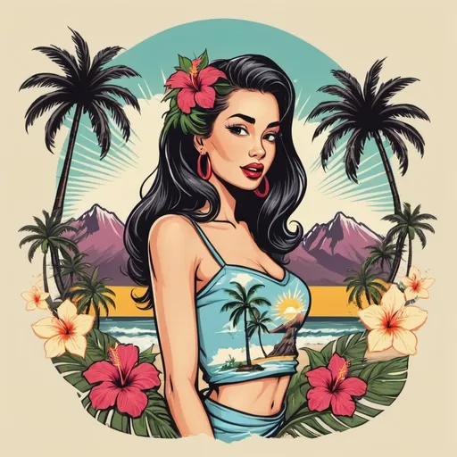 Prompt: Illustrated T-shirt design with palm trees, vector, Tshirt design illustration, Pin up hula girl , pinup hula girl , beach , palm trees , Hawaiian island background , long eyelashes, hibiscus on hair , mountains , beach, island girl,,island girl , birds  , long black hair , surf girl , tropical background 