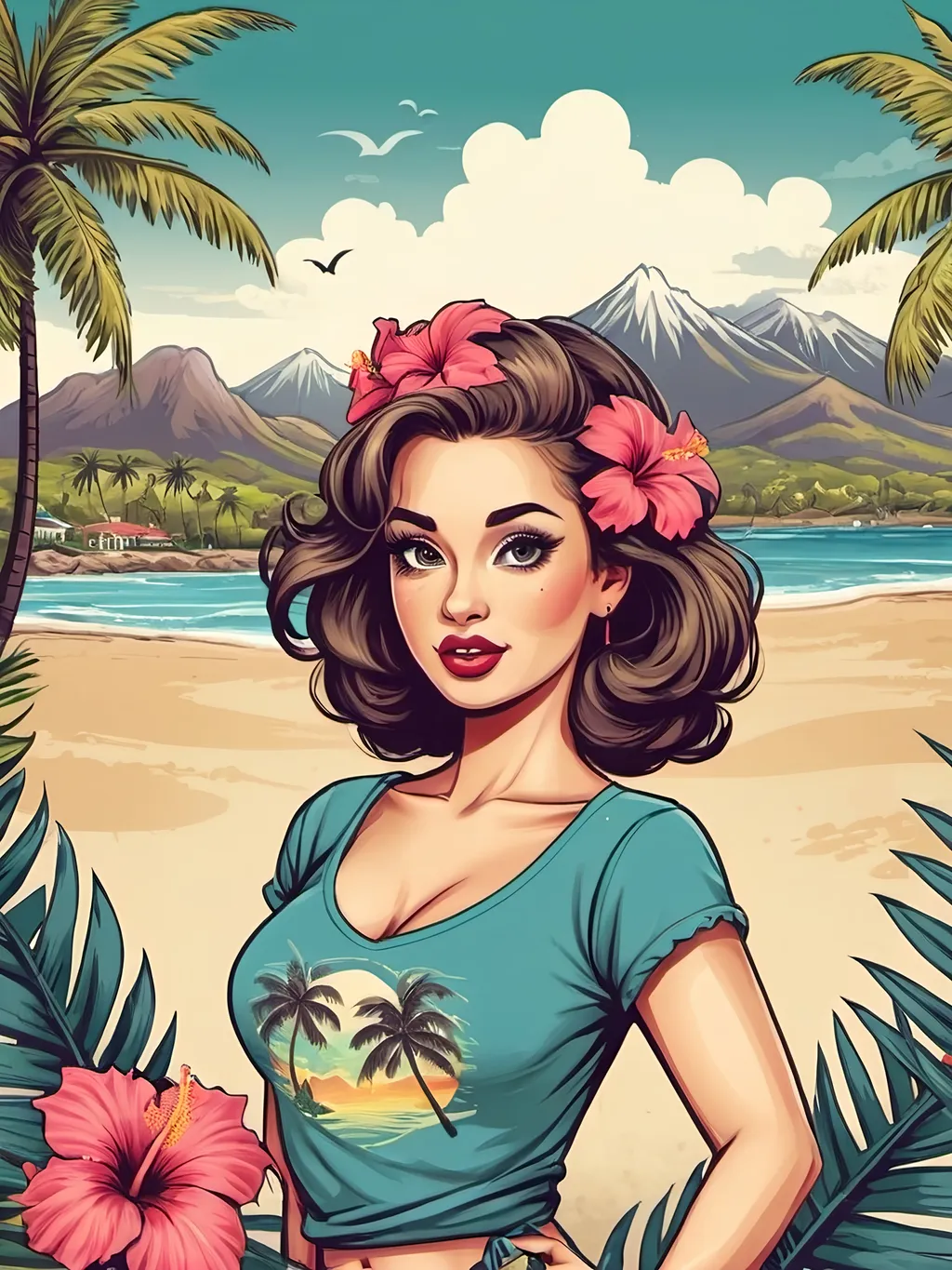 Prompt: Illustrated T-shirt design with palm trees, vector, Tshirt design illustration, Pin up hula girl , pinup hula girl , beach , palm trees , Hawaiian island background , long eyelashes, hibiscus on hair , mountains , beach,big eyes , island girl , tropical background 
