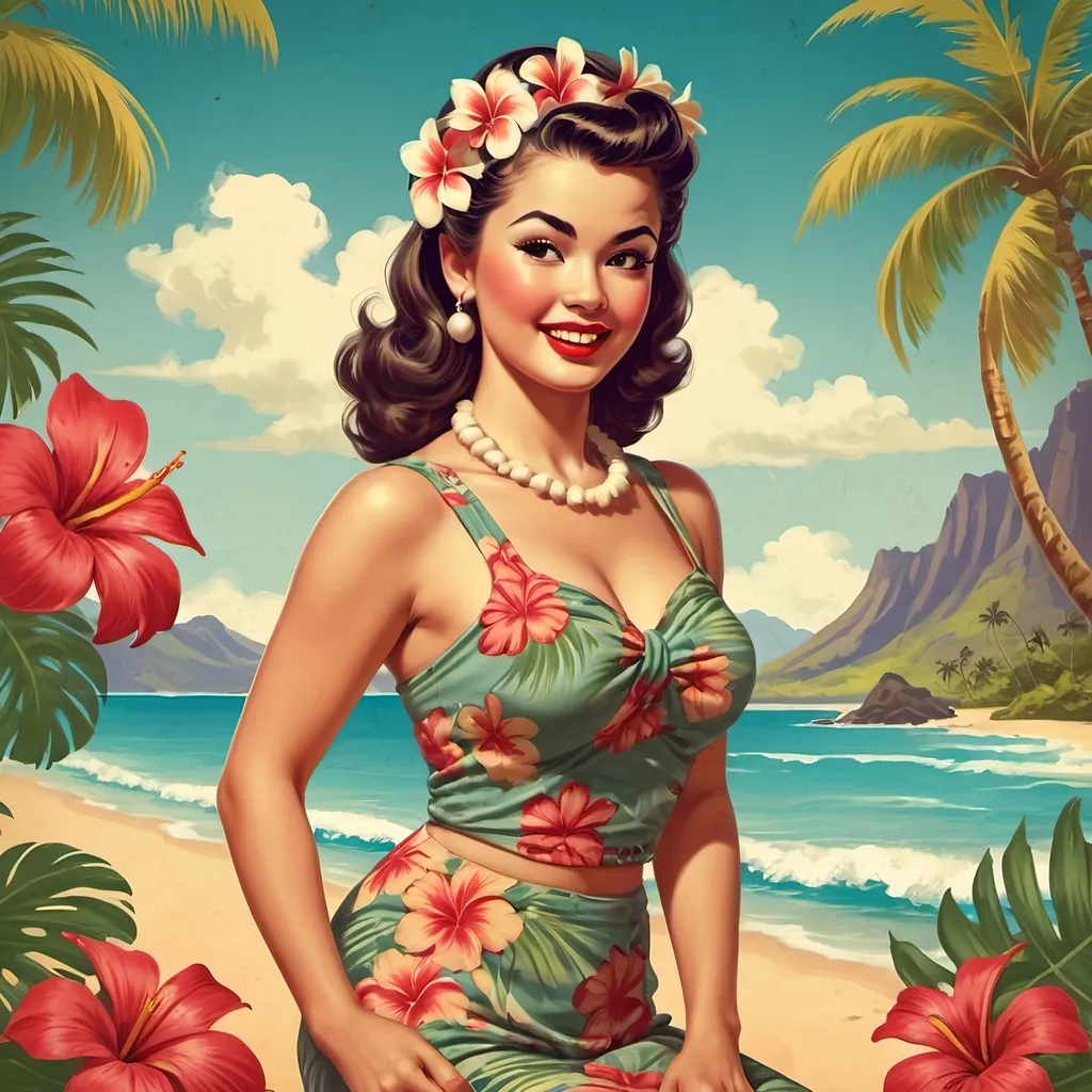 Prompt: Hula girl , pin up girl , Hawaiian background, vintage style , island background , tshirt design, high resolution 