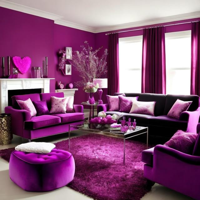 Prompt: Create a purple themed livingroom that is decorated with Valentine's Day theme decorations