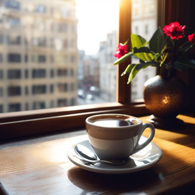 Prompt: Create a picture of a decorative cup of coffee sitting in a city windowsill with the windows open