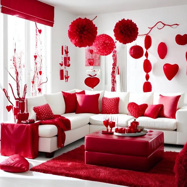 Prompt: Create a white themed livingroom that is decorated with Valentine's Day theme decorations