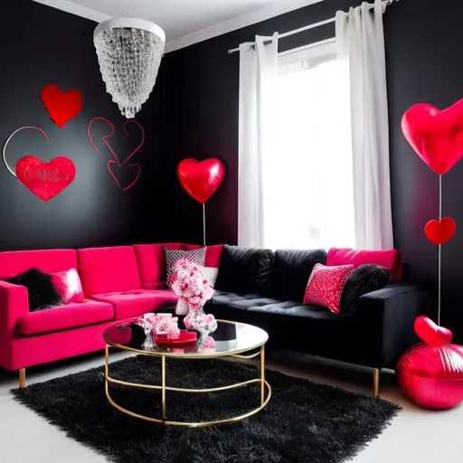 Prompt: Create a black themed livingroom that is decorated with Valentine's Day theme decorations