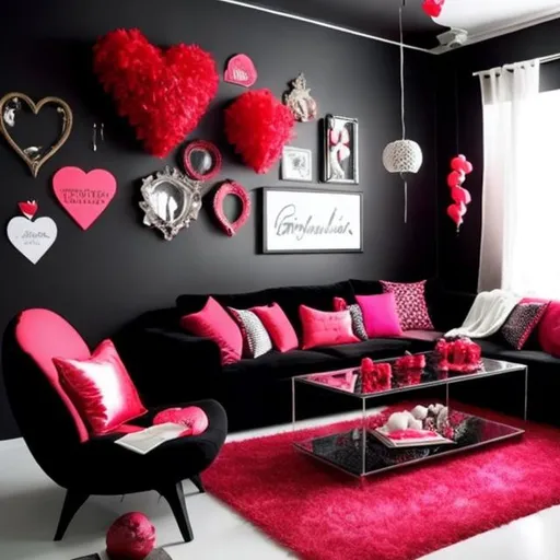 Prompt: Create a black themed livingroom that is decorated with Valentine's Day theme decorations