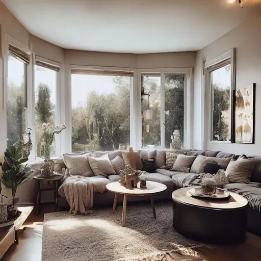 Prompt: A cozy serene livingroom with some candles on the glass coffee table, add flowers and pictures on the walls have a big bay window looking out over a nighttime cityscape have the sun setting 