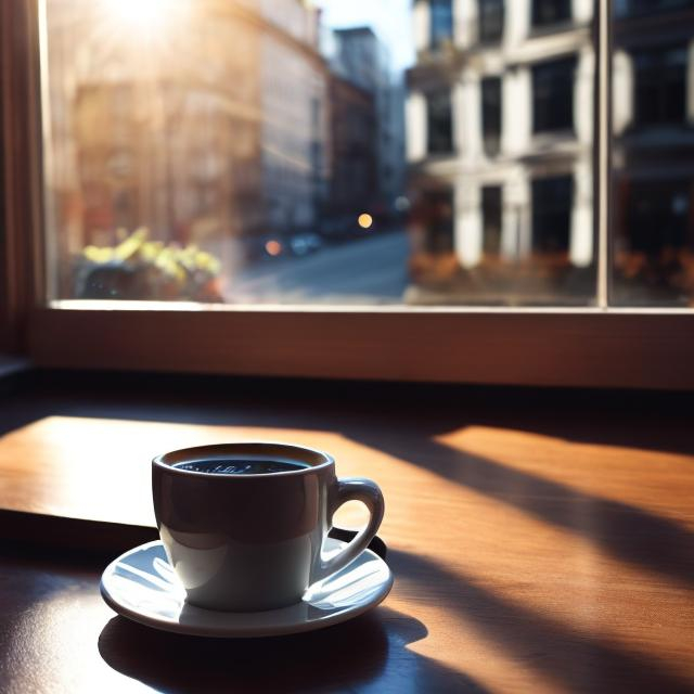 Prompt: Create a picture of a decorative cup of coffee sitting in a city windowsill with the windows open