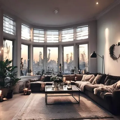 Prompt: A cozy serene livingroom with some candles on the glass coffee table, add flowers and pictures on the walls have a big bay window looking out over a cityscape at night