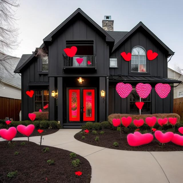 Prompt: Create a black house that is decorated with Valentine's Day theme decorations