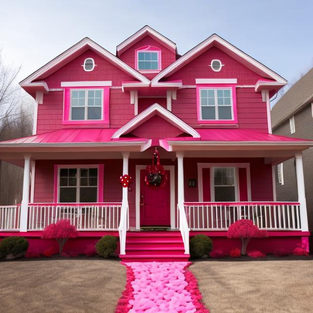 Prompt: Create a red and pink house that is decorated with Valentine's Day decorations