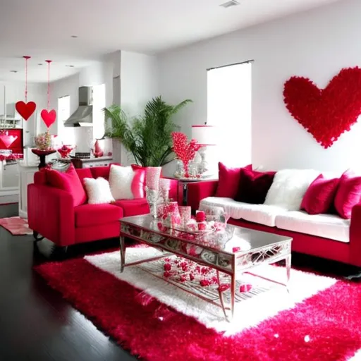 Prompt: Create a white themed livingroom that is decorated with Valentine's Day theme decorations