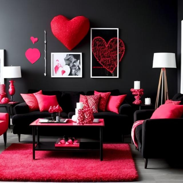 Prompt: Create a black themed livingroom that is decorated with Valentine's Day theme decorations