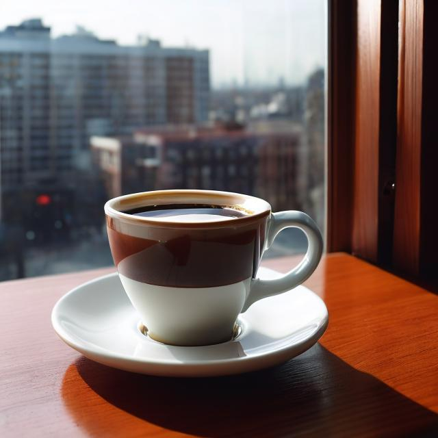 Prompt: Create a picture of a decorative cup of coffee sitting in a city windowsill with the windows open