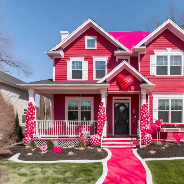 Prompt: Create a red and pink house that is decorated with Valentine's Day theme decorations