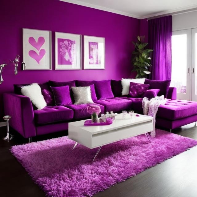 Prompt: Create a purple themed livingroom that is decorated with Valentine's Day theme decorations