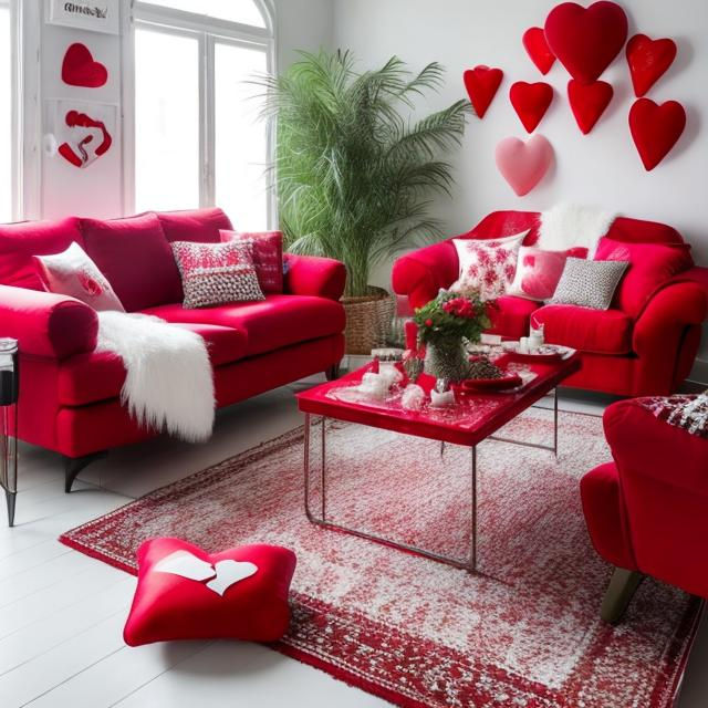 Prompt: Create a white themed livingroom that is decorated with Valentine's Day theme decorations