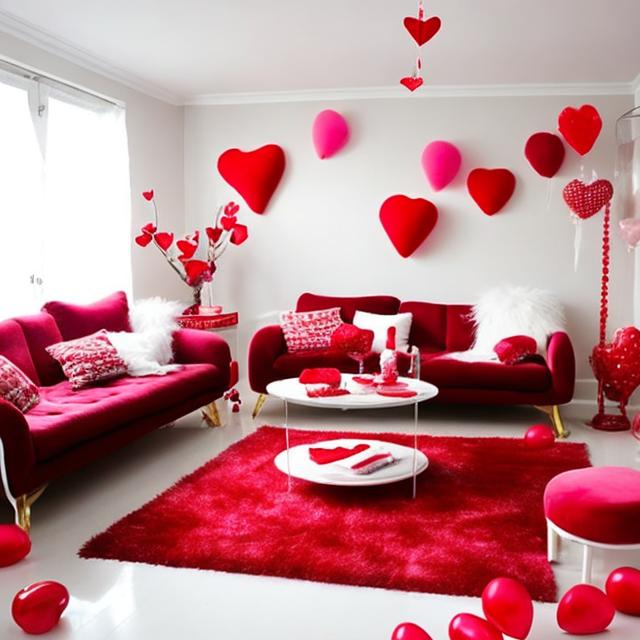 Prompt: Create a white themed livingroom that is decorated with Valentine's Day theme decorations