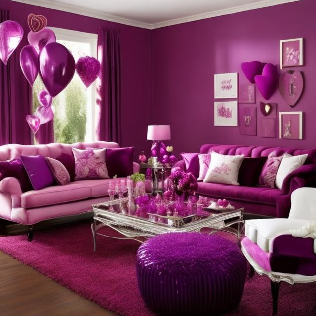 Prompt: Create a purple themed livingroom that is decorated with Valentine's Day theme decorations