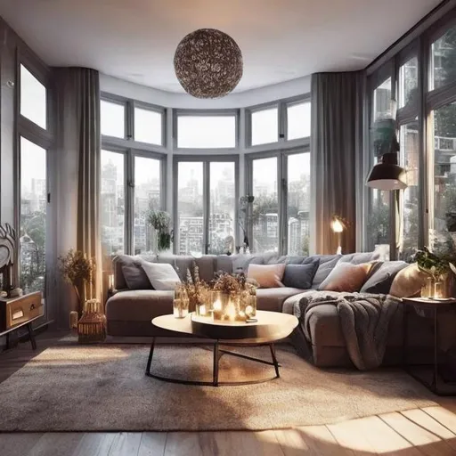 Prompt: A cozy serene livingroom with some candles on the glass coffee table, add flowers and pictures on the walls have a big bay window looking out over a cityscape at night