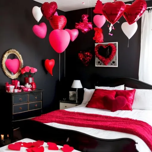 Prompt: Create a black house that is decorated with Valentine's Day theme decorations