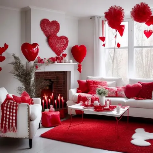 Prompt: Create a white themed livingroom that is decorated with Valentine's Day theme decorations