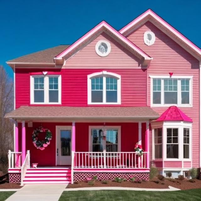 Prompt: Create a red and pink house that is decorated with Valentine's Day theme decorations