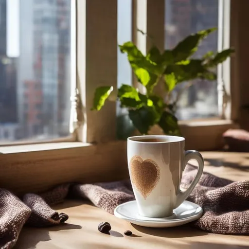 Prompt: Create a picture of a decorative cup of coffee sitting in a city windowsill with the windows open