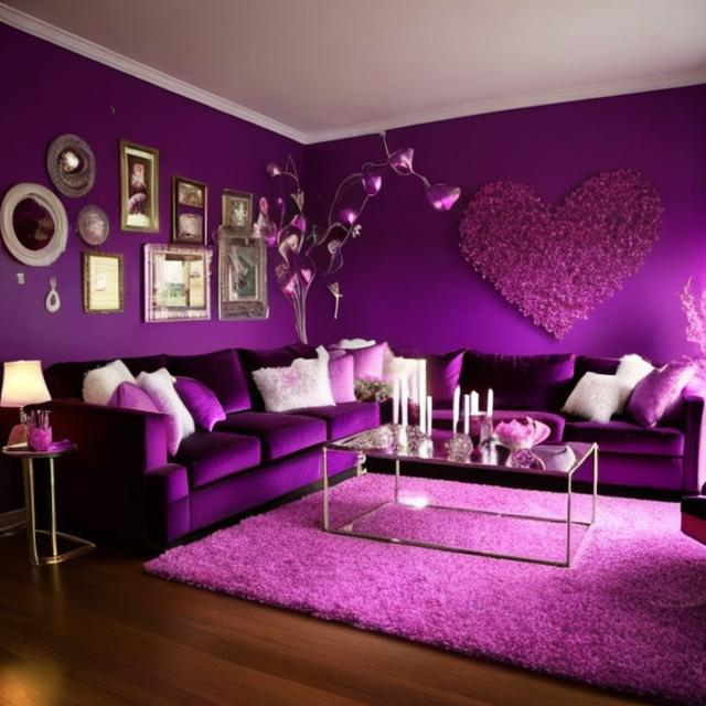 Prompt: Create a purple themed livingroom that is decorated with Valentine's Day theme decorations