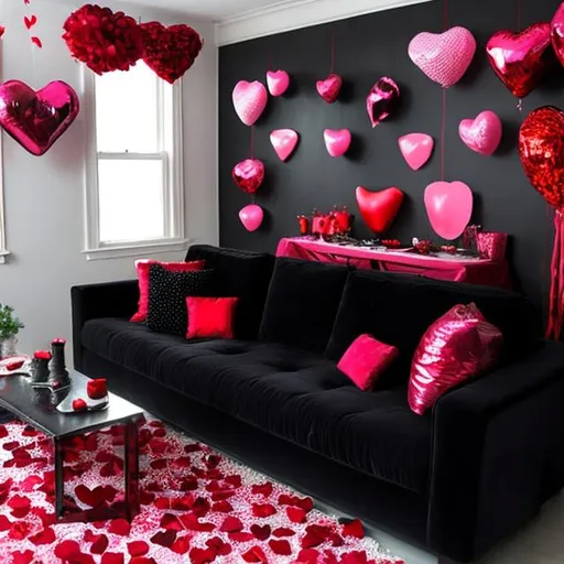 Prompt: Create a black house that is decorated with Valentine's Day theme decorations