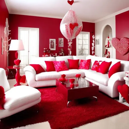 Prompt: Create a white themed livingroom that is decorated with Valentine's Day theme decorations