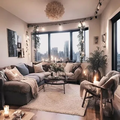 A cozy serene livingroom with some candles on the gl... | OpenArt