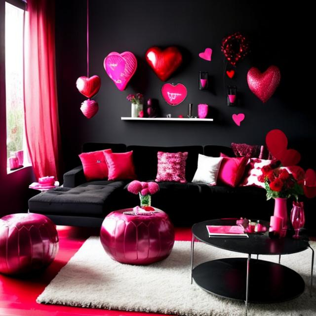 Prompt: Create a black themed livingroom that is decorated with Valentine's Day theme decorations