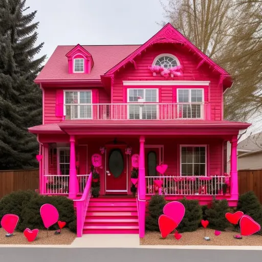 Prompt: Create a red and pink house that is decorated with Valentine's Day decorations