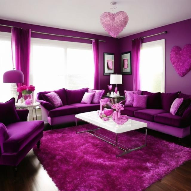 Prompt: Create a purple themed livingroom that is decorated with Valentine's Day theme decorations