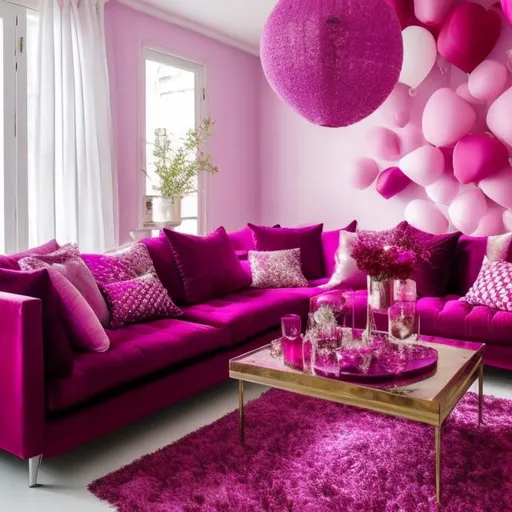Prompt: Create a purple themed livingroom that is decorated with Valentine's Day theme decorations
