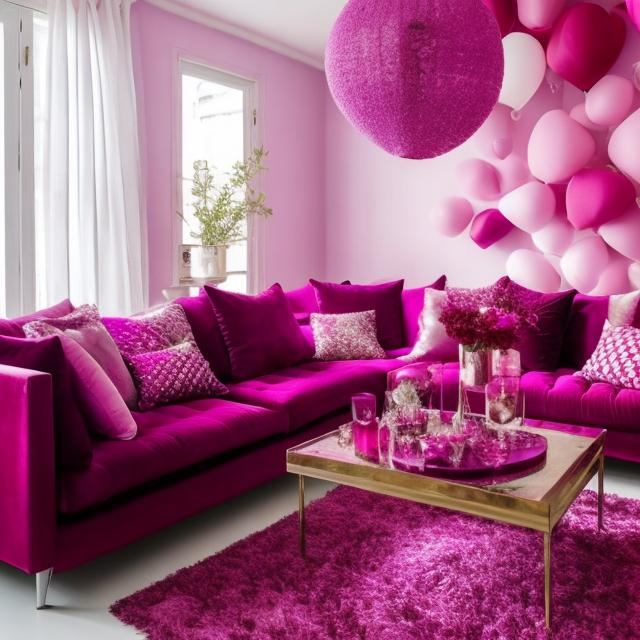 Prompt: Create a purple themed livingroom that is decorated with Valentine's Day theme decorations