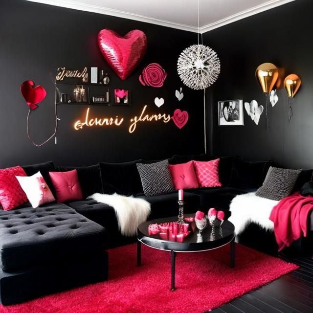 Prompt: Create a black themed livingroom that is decorated with Valentine's Day theme decorations